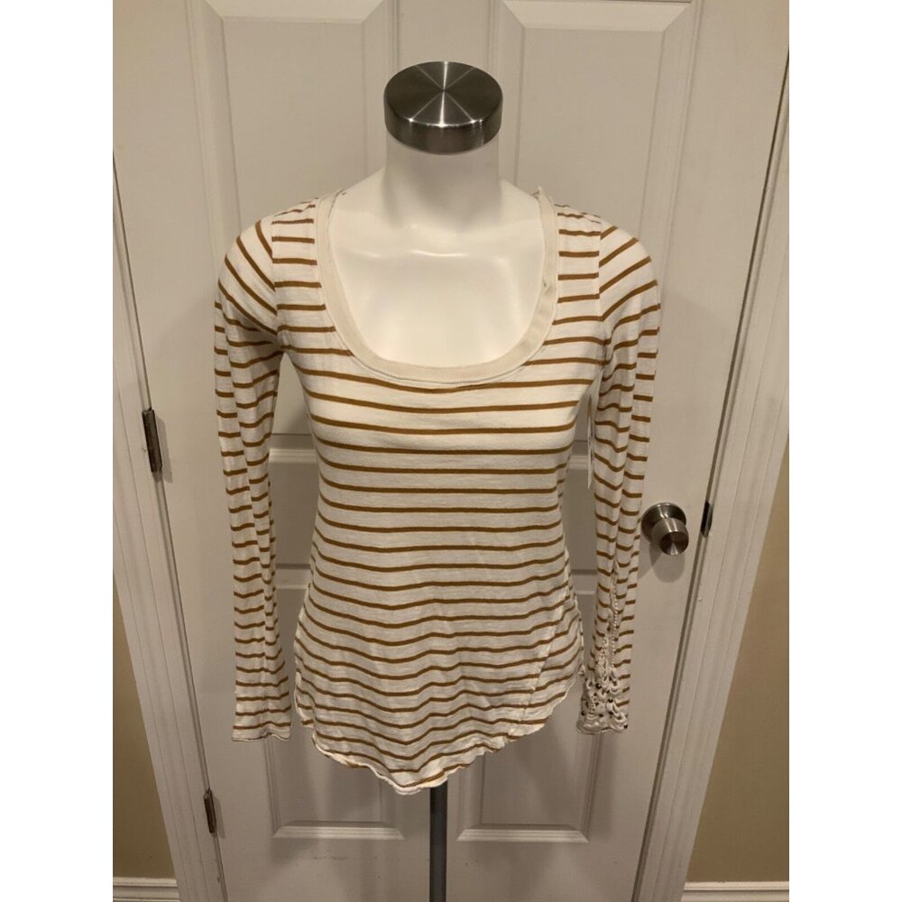Free People White & Brown Striped Shirt, W/ Lace Detail On Sleeve, Size XS